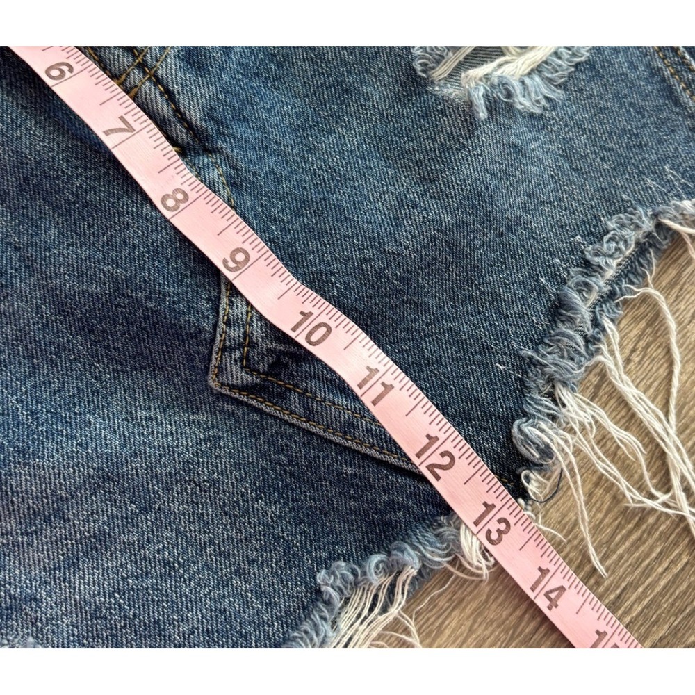 We The Free Free People Denim Mini Skirt Button‎ Fly Raw Hem Distressed Blue 26 - Picture 6 of 8